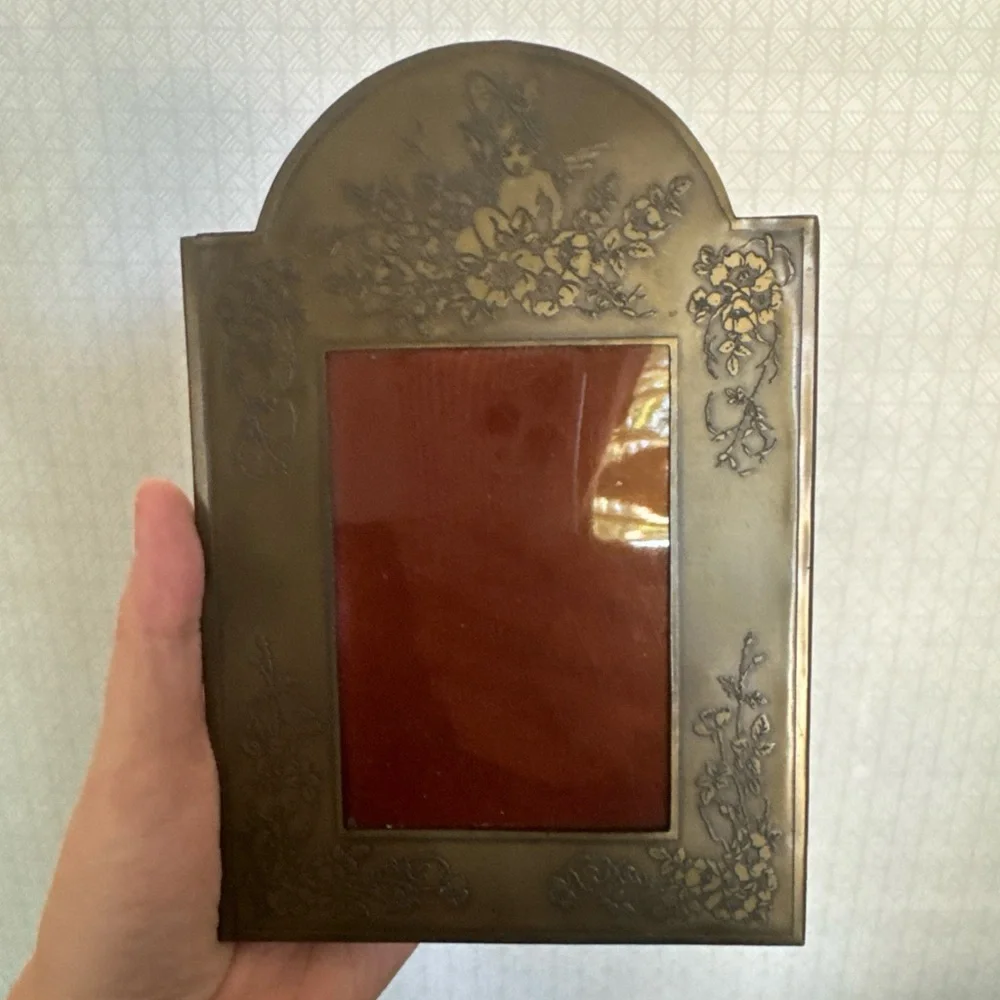 Metal Gold Toned Frame Vintage Floral And Cherub/Fairy Design Made In Greece